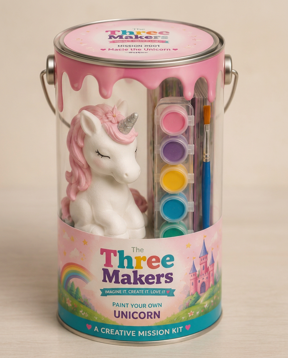 The Three Makers Unicorn Adventure Creative Mission Kit paint can with an unpainted plaster unicorn, six watercolor paints, and a paintbrush visible inside.