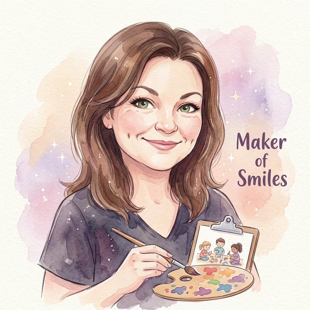Watercolor portrait of Mom (aka Kelly), the support staff behind The Three Makers, holding a paint palette and clipboard.