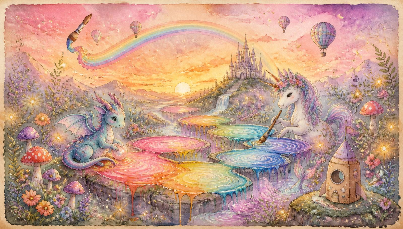 A dreamy watercolor meadow with paint puddles, a tiny dragon, a unicorn, and a little rocket peeking from behind the colors.