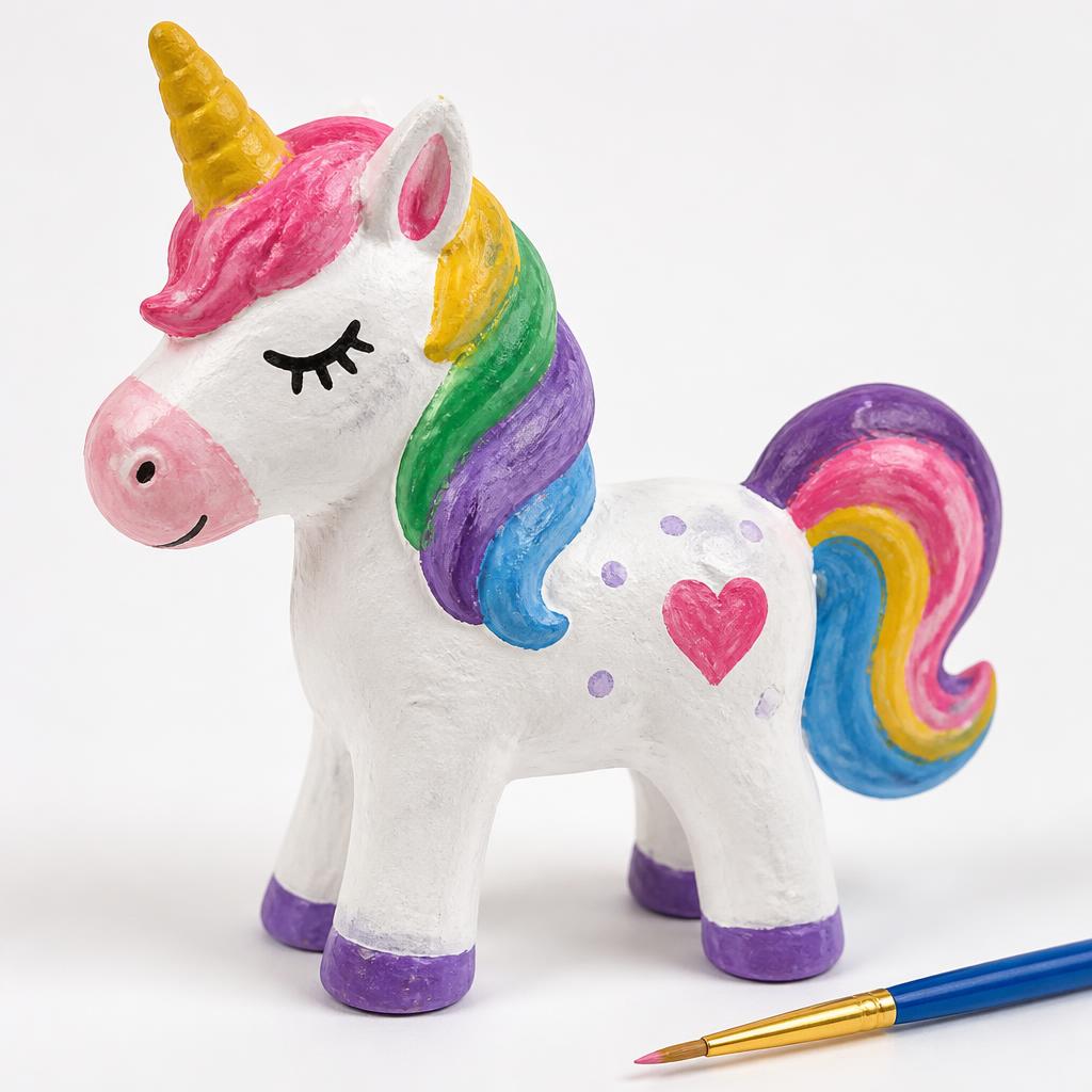 A hand-painted rainbow unicorn plaster figurine
