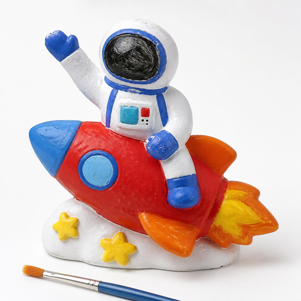 A hand-painted rocket-riding astronaut plaster figurine