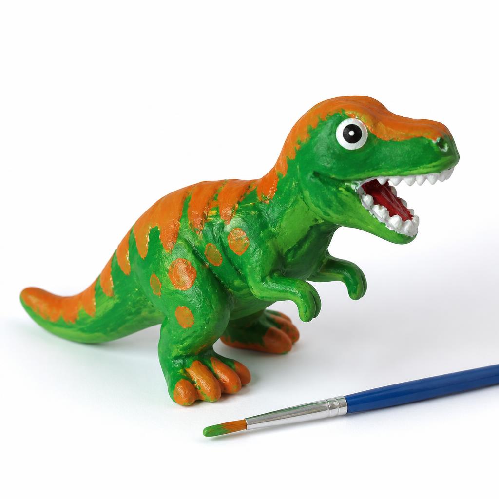 A hand-painted spotted T-Rex dinosaur plaster figurine