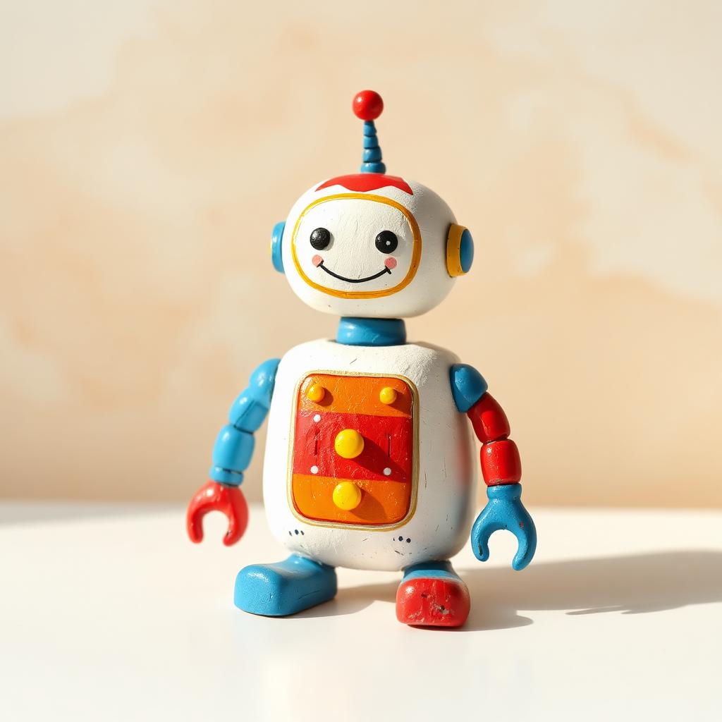 A hand-painted friendly robot plaster figurine