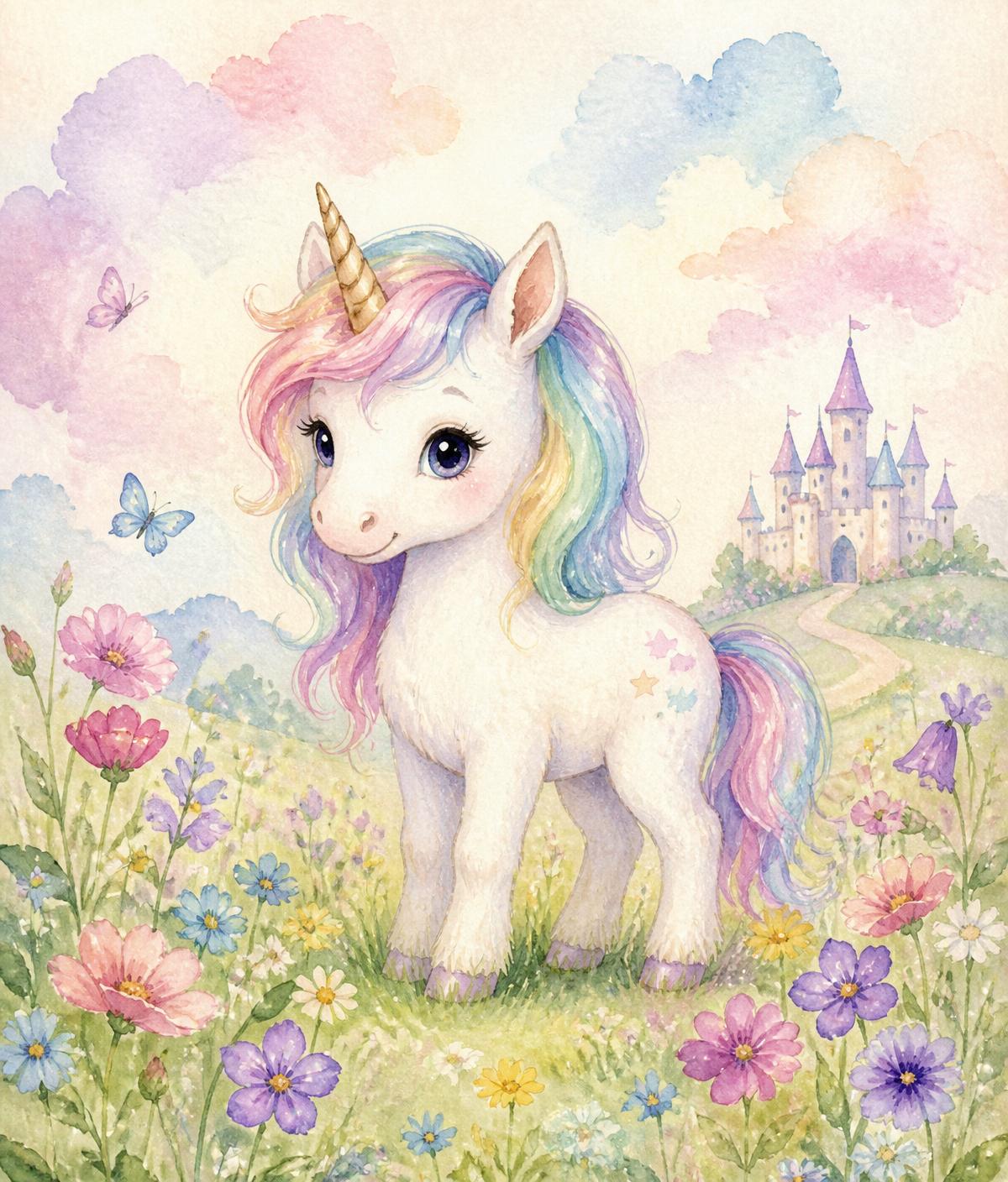 Storybook cover watercolor of a rainbow-maned unicorn in a meadow with a castle in the distance.
