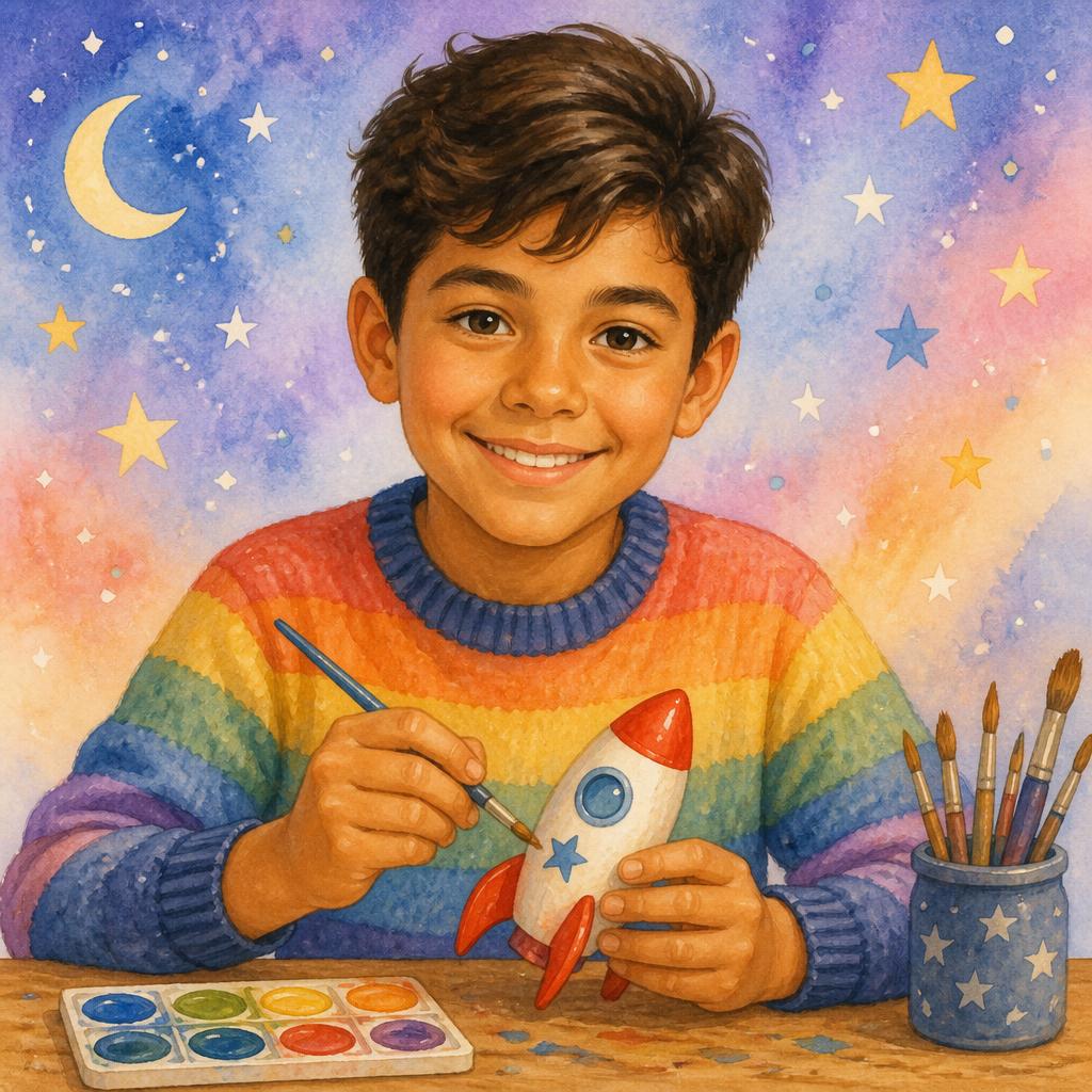 Watercolor portrait of Aiden, a young boy holding a hand-painted rocket.