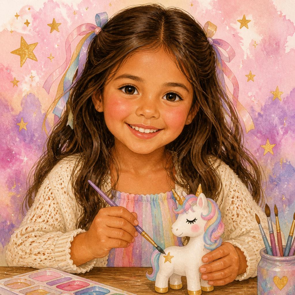 Watercolor portrait of Bella, a young girl holding a hand-painted unicorn.