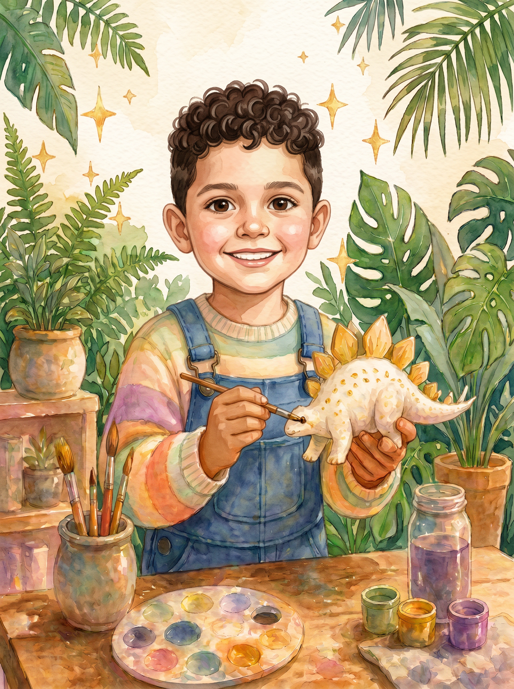 Watercolor portrait of Sabastian, a young boy holding a hand-painted dinosaur.