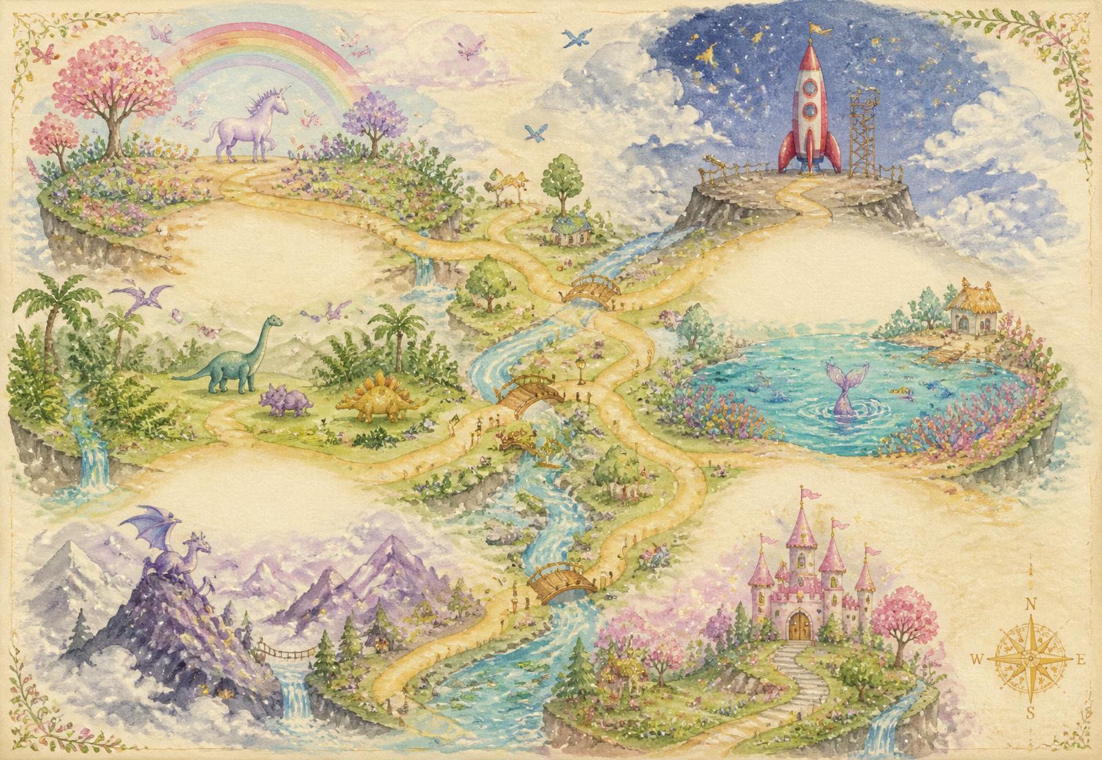 Watercolor storybook map of Makers' World with six magical destinations connected by winding paths.