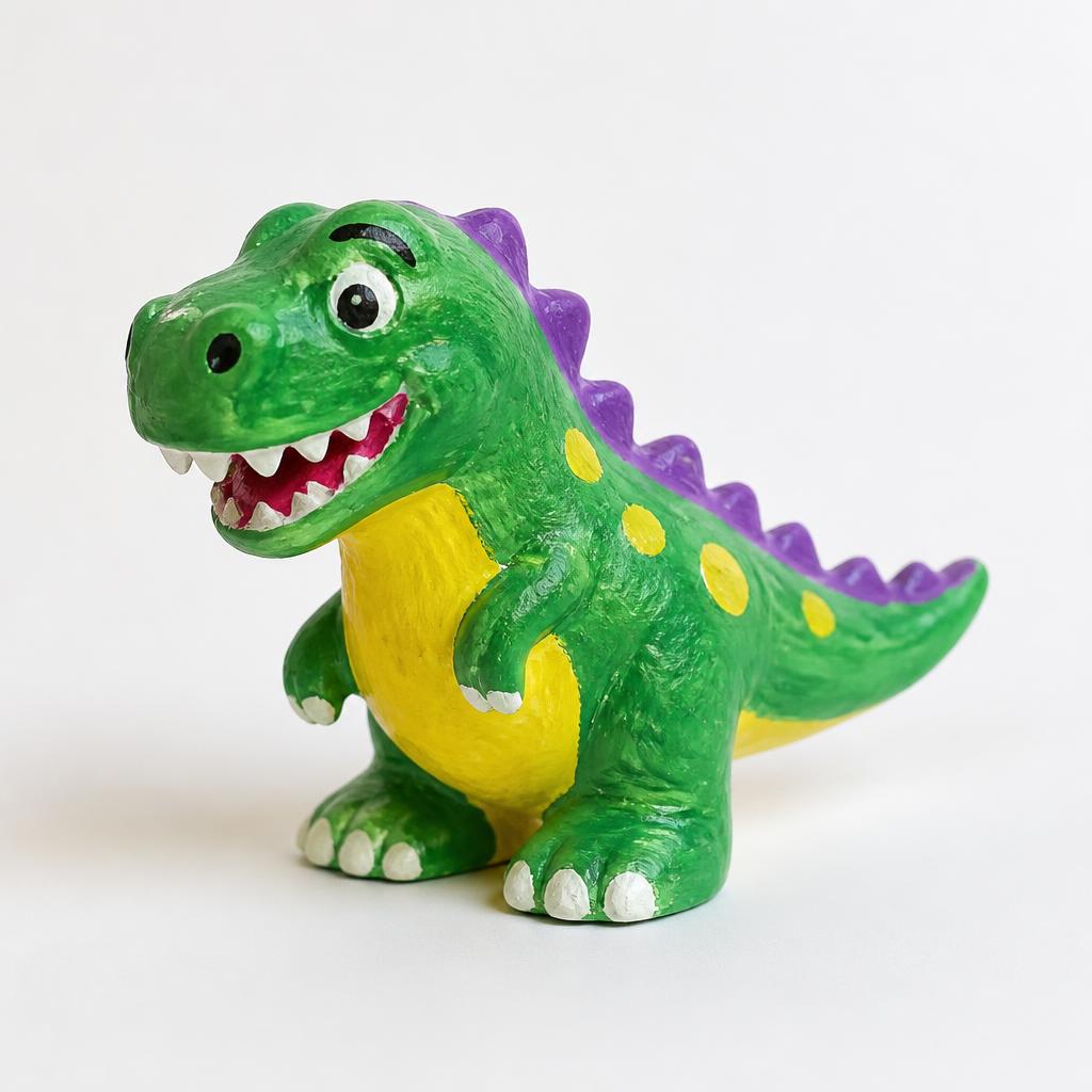 A brightly painted plaster dinosaur.