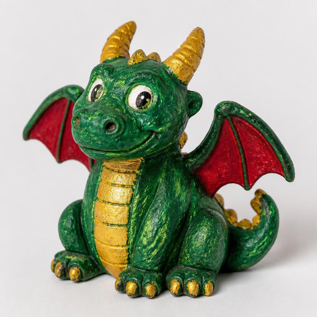 A brightly painted plaster dragon with green scales, ruby wings, and golden horns.