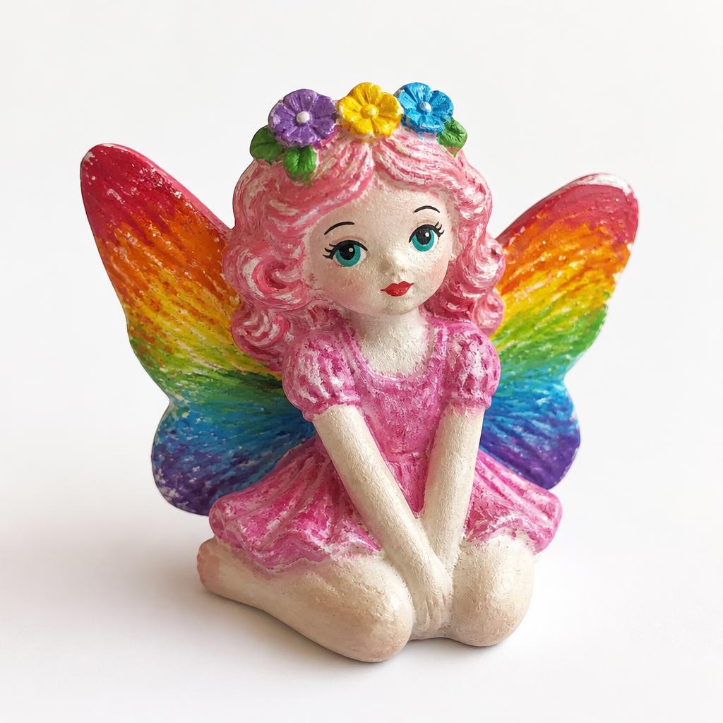 A brightly painted plaster fairy with rainbow butterfly wings, pink curls, and a flower crown.