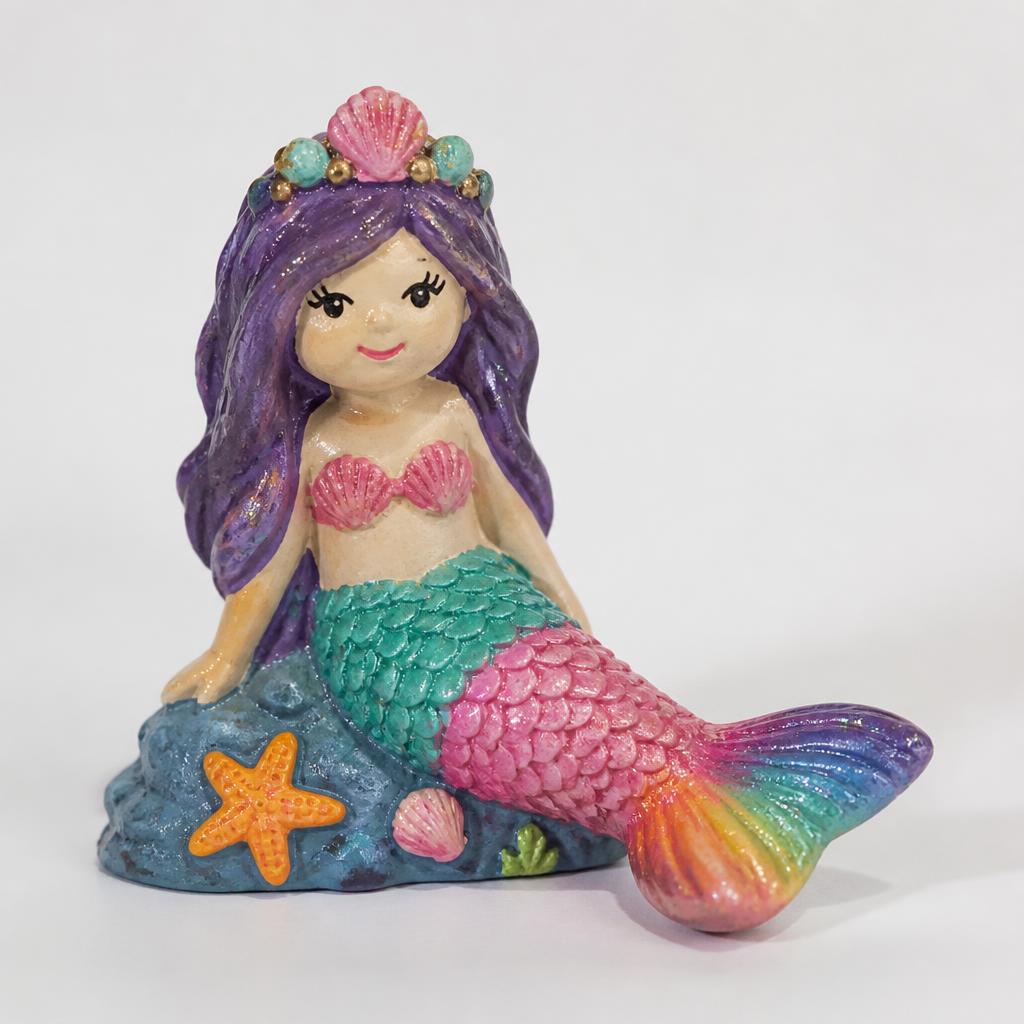 A brightly painted plaster mermaid with a shimmering rainbow tail and seashell crown.