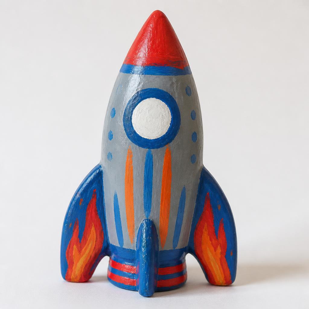 A boldly painted plaster rocket with stripes and flames.