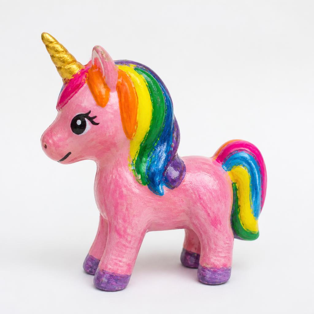 A brightly painted plaster unicorn.