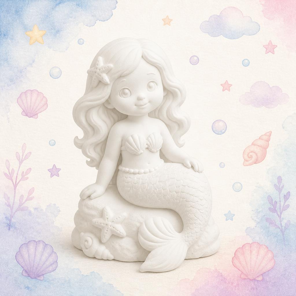 Unpainted plaster mermaid figurine ready for ocean colors.