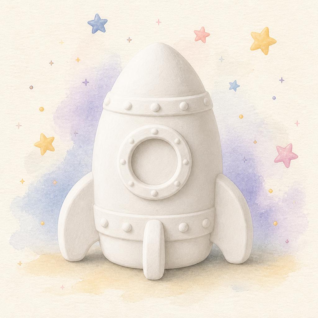 Unpainted plaster rocket ship ready for a starry mission.