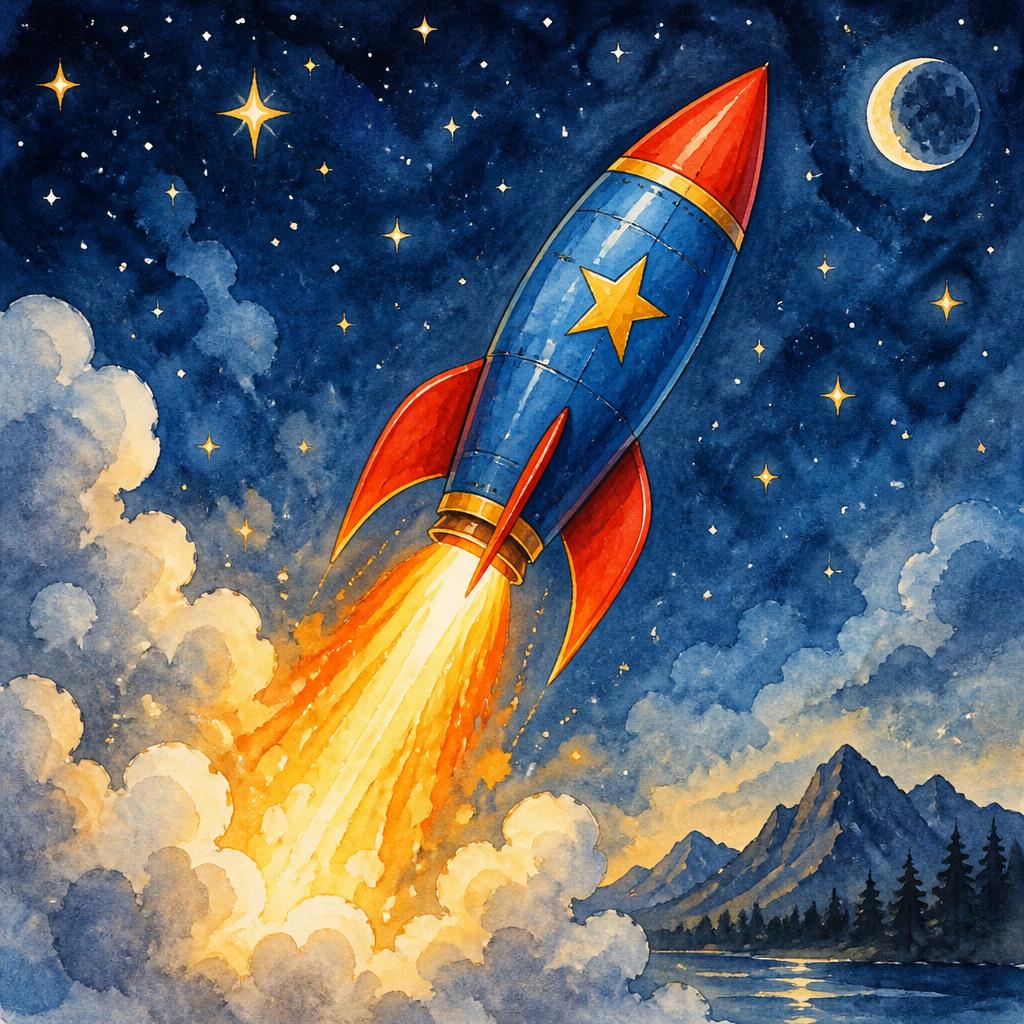 A bold rocket blasts off into a starry sky with a blazing trail of fire.