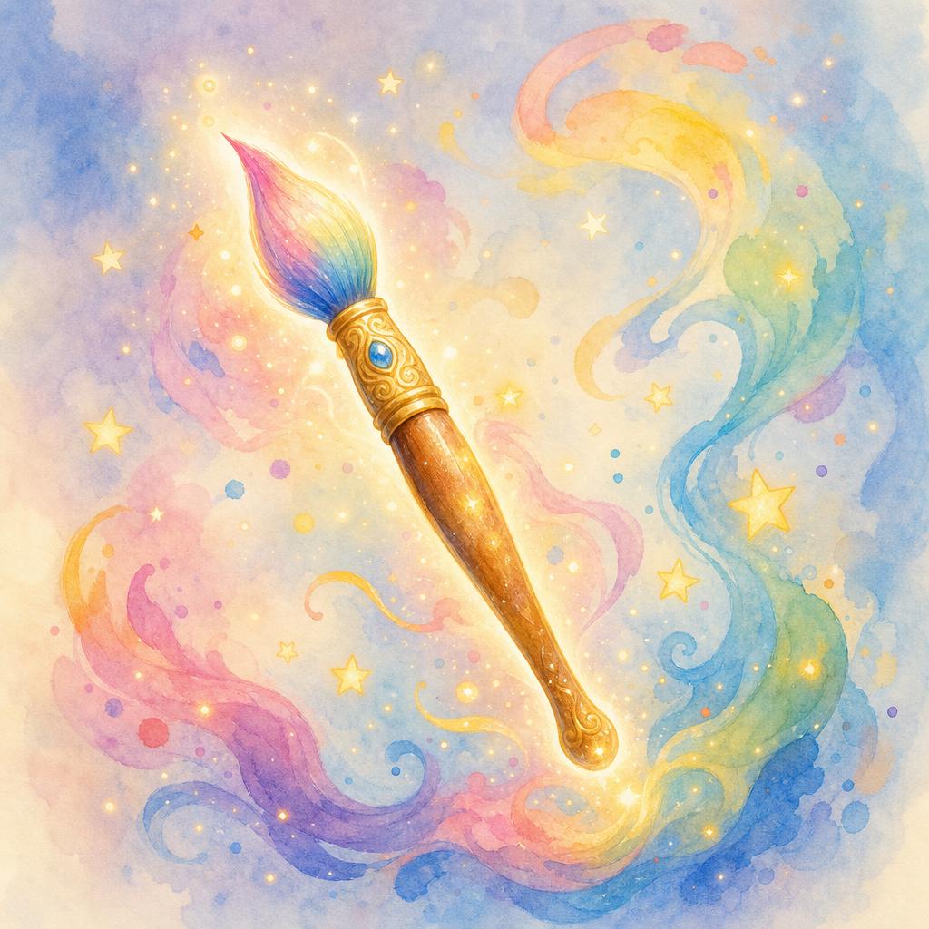 The glowing Maker Brush hovering in the air, sparks of light around it.