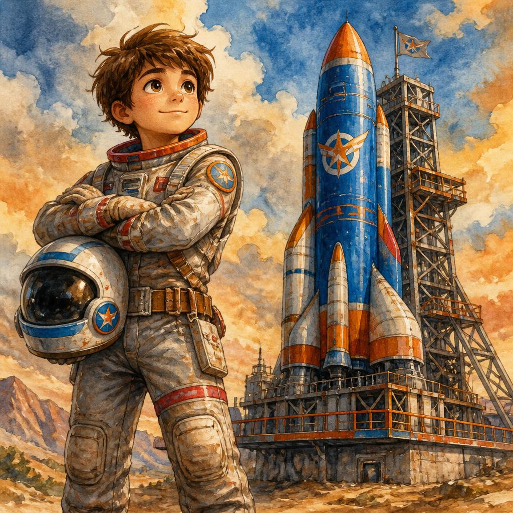 Commander Leo, a brave boy astronaut in a battle-worn helmet, standing beside a towering rocket.