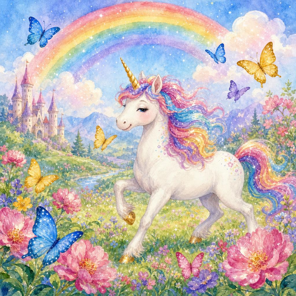 A bright meadow of pink flowers and blue and golden butterflies under a rainbow.