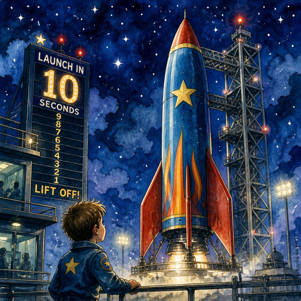 A launch pad at night with blinking lights, a bold rocket, and stars overhead.
