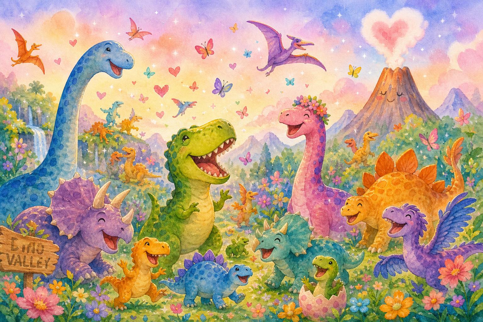 Many colorful smiling dinosaurs stomp and roar happily in Dino Valley.