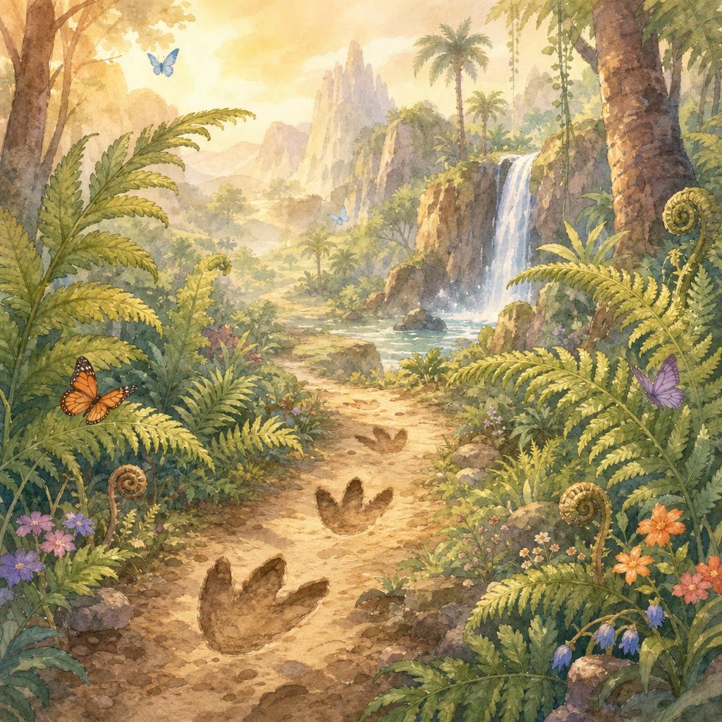 A winding trail through giant ferns and waterfalls with huge dinosaur footprints in the ground.