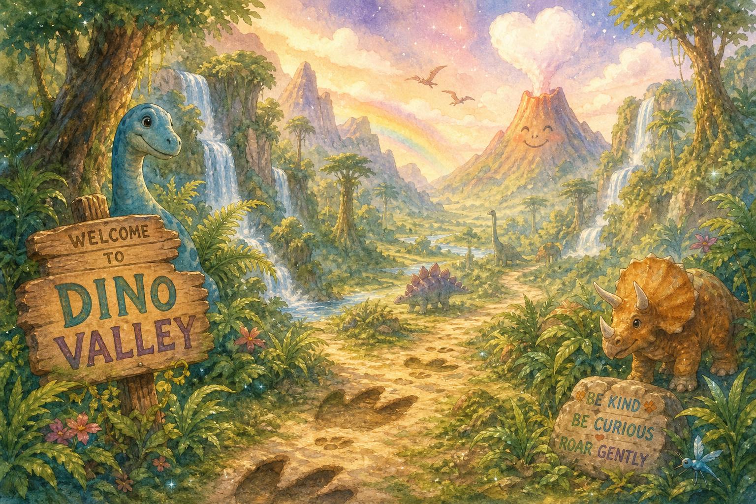 Watercolor landscape of Dino Valley with ferns, waterfalls, and a gentle volcano.