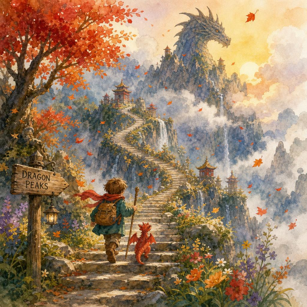 A winding mountain path climbing through wildflowers, waterfalls, and drifting autumn leaves toward Dragon Peaks.