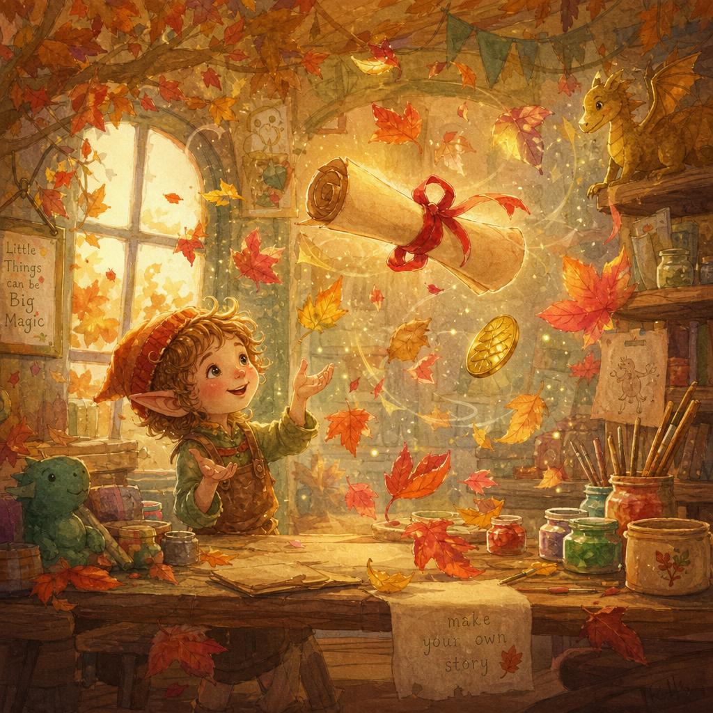 Glowing red and orange leaves swirl through the workshop with a tiny golden dragon scale and a rolled scroll tied with a red ribbon.