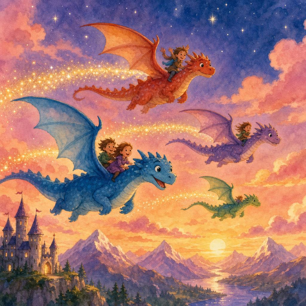Colorful dragons soaring across a sunset sky above mountain peaks, leaving sparkling trails behind them.