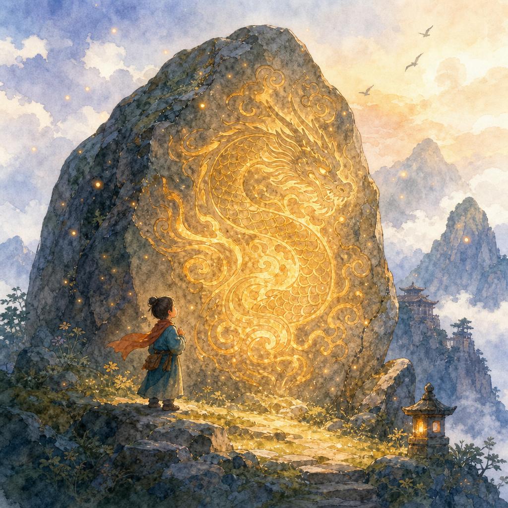An enormous glowing ancient dragon stone on a mountain peak with warm golden light.