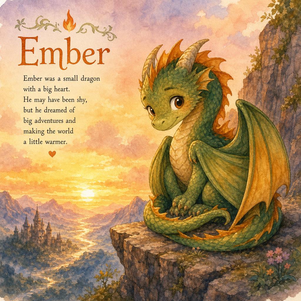 Ember, a small shy young dragon perched on a rocky cliff with wings folded tightly.