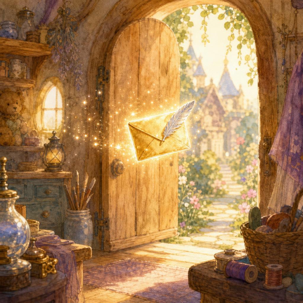 A glowing golden envelope with a silver feather floats by a workshop door.