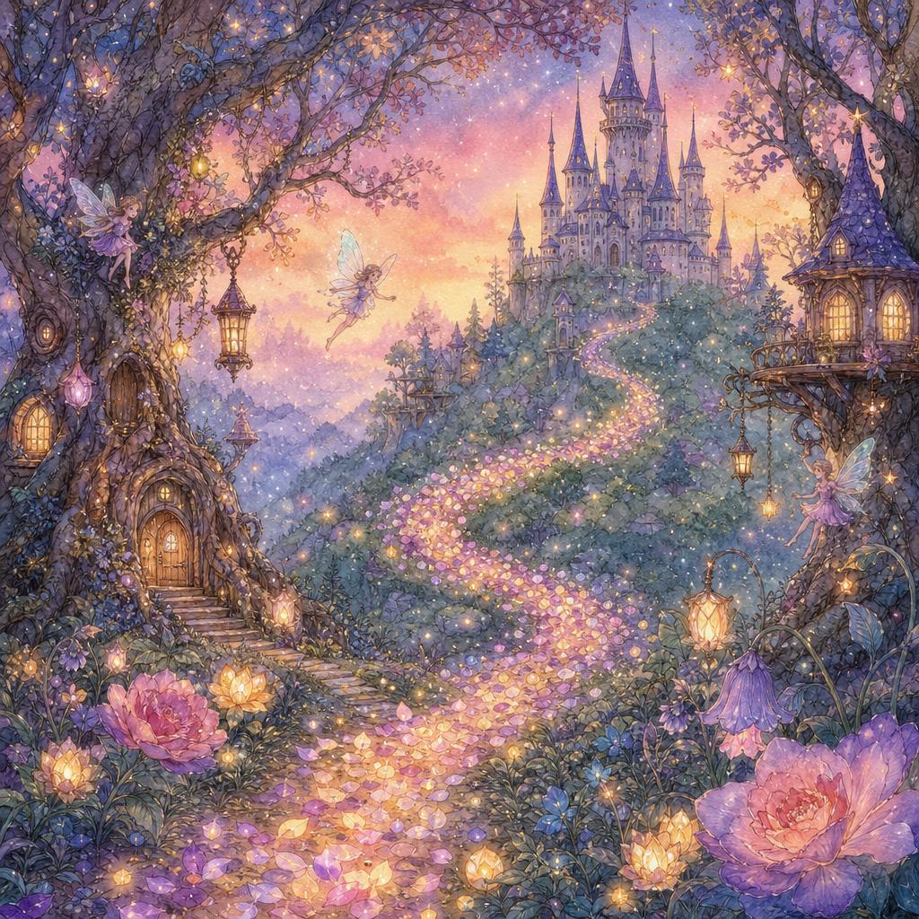 A glowing trail of flower petals winds through an enchanted forest toward Fairy Castle Hill in the distance.