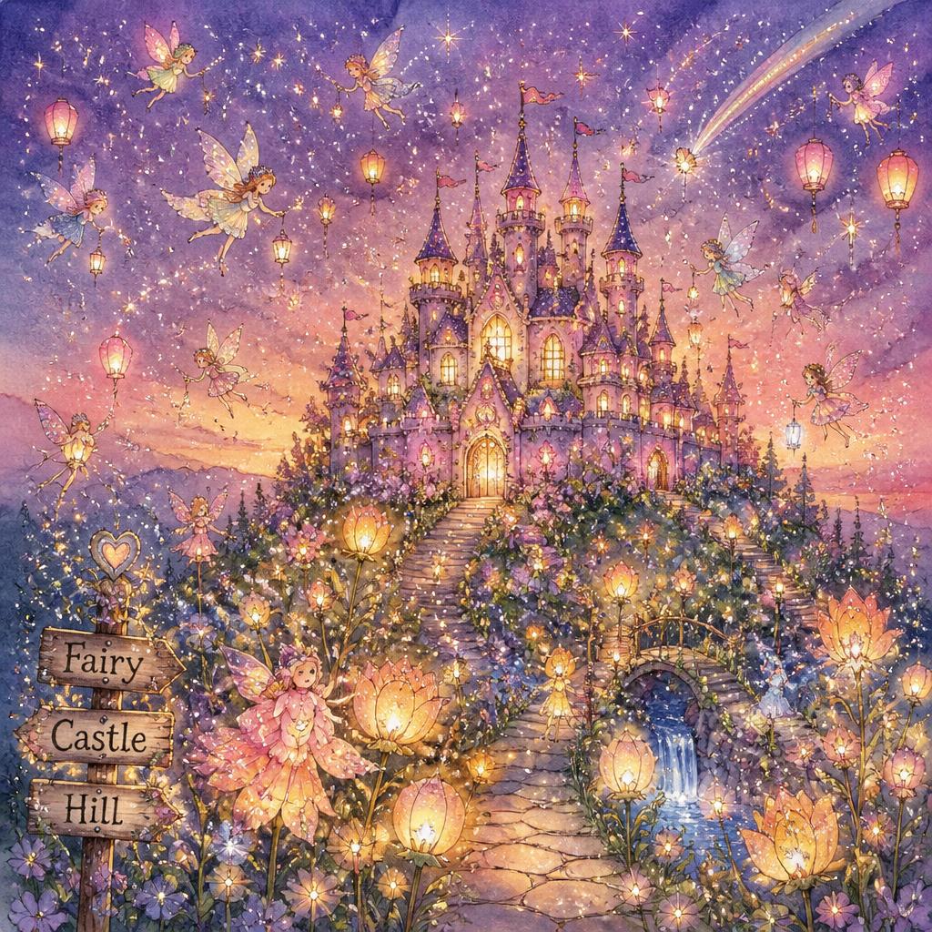 Fairy castle hillside at twilight with glowing wishing flowers, warm castle windows, butterflies, and fireflies.