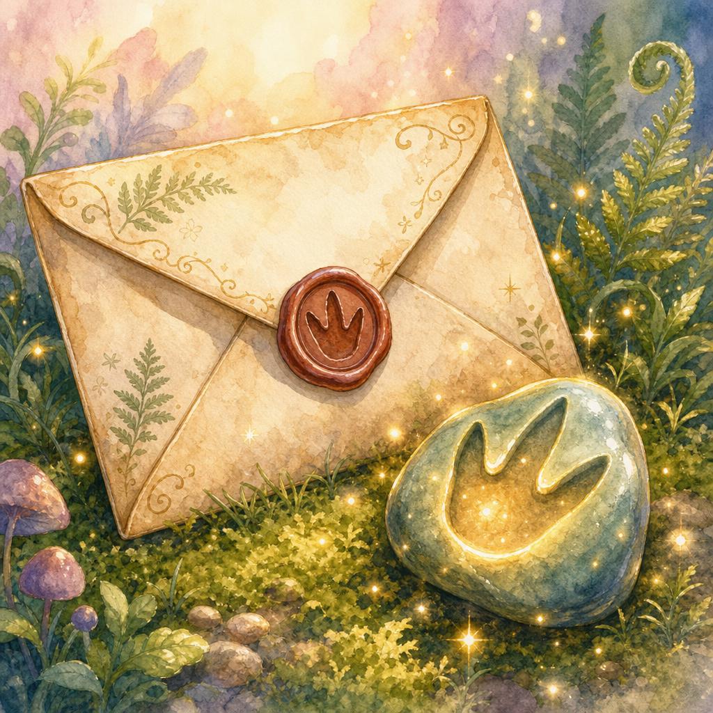 A large envelope with a smooth stone shaped like a dinosaur footprint.