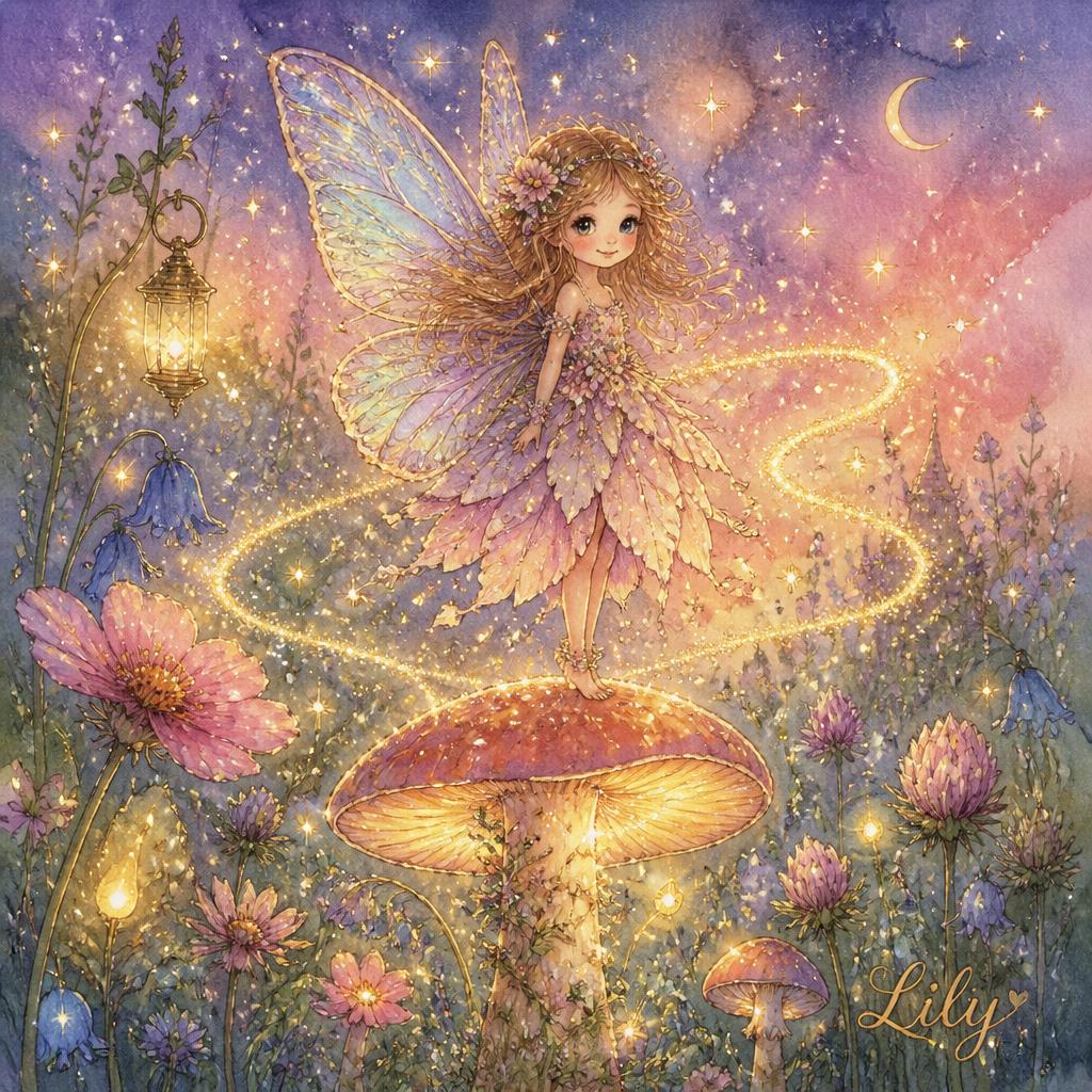 Lily, a young fairy with delicate shimmering wings, sitting beside a tiny fountain surrounded by flowers.