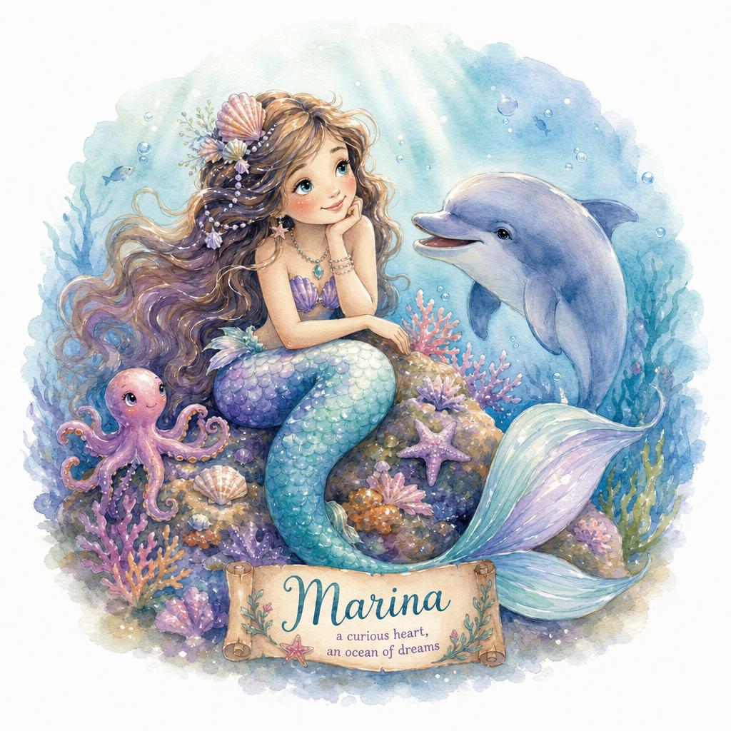 Marina the young mermaid resting on a coral reef with a shell comb, a friendly dolphin and tiny octopus nearby.