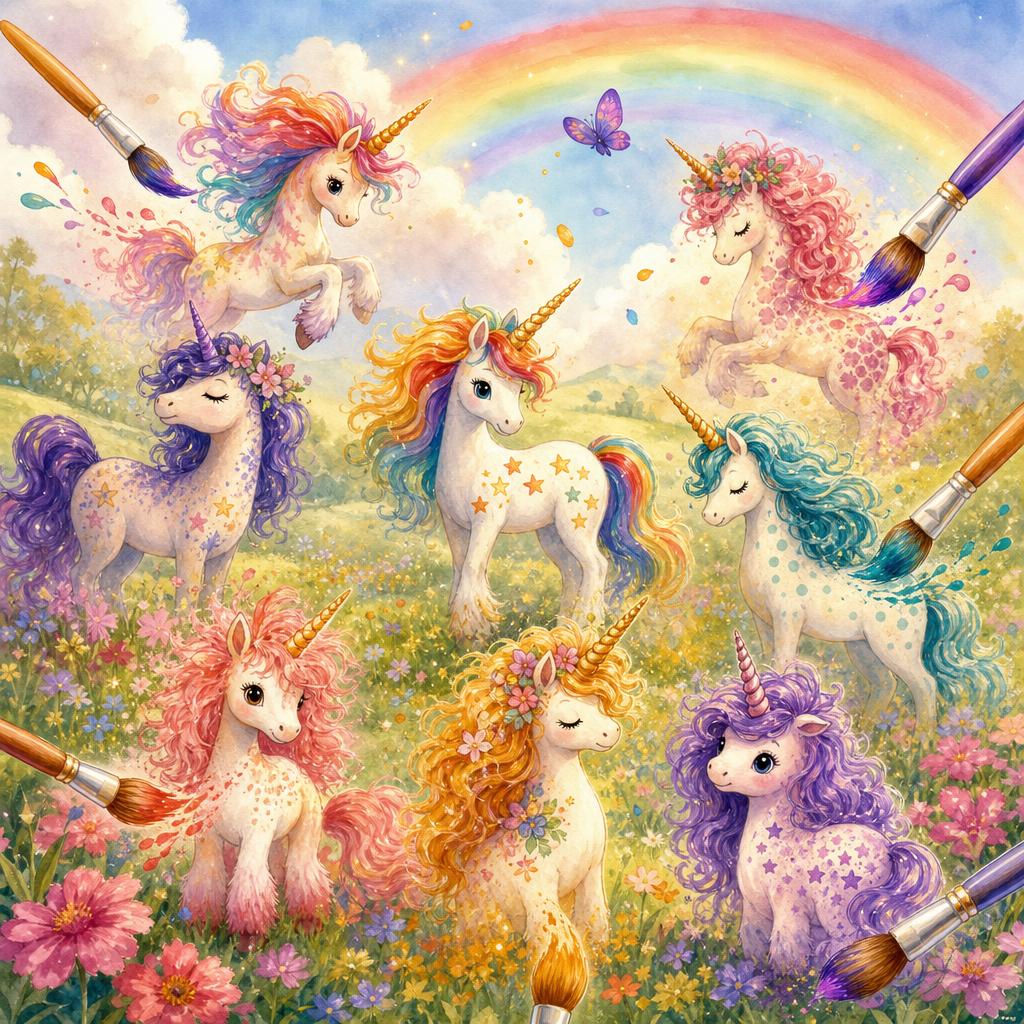 A meadow filled with colorful painted unicorns beneath a rainbow.
