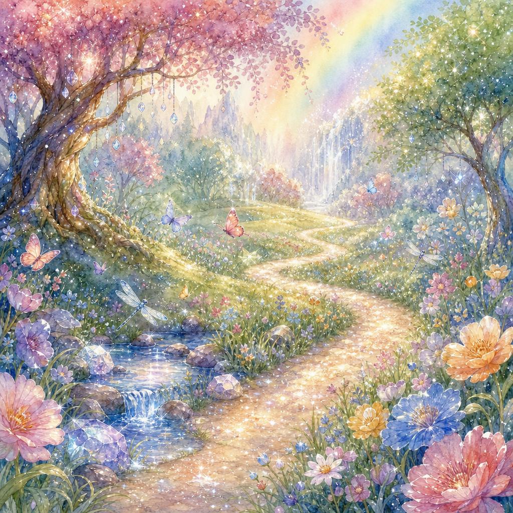 A glittering path winds through sparkling trees and diamond streams.