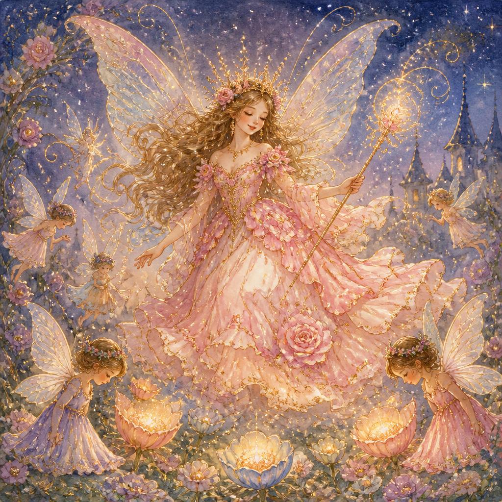 Queen Rosabella on a castle balcony wearing a crown of flowers and crystals, holding a glowing crystal flower.