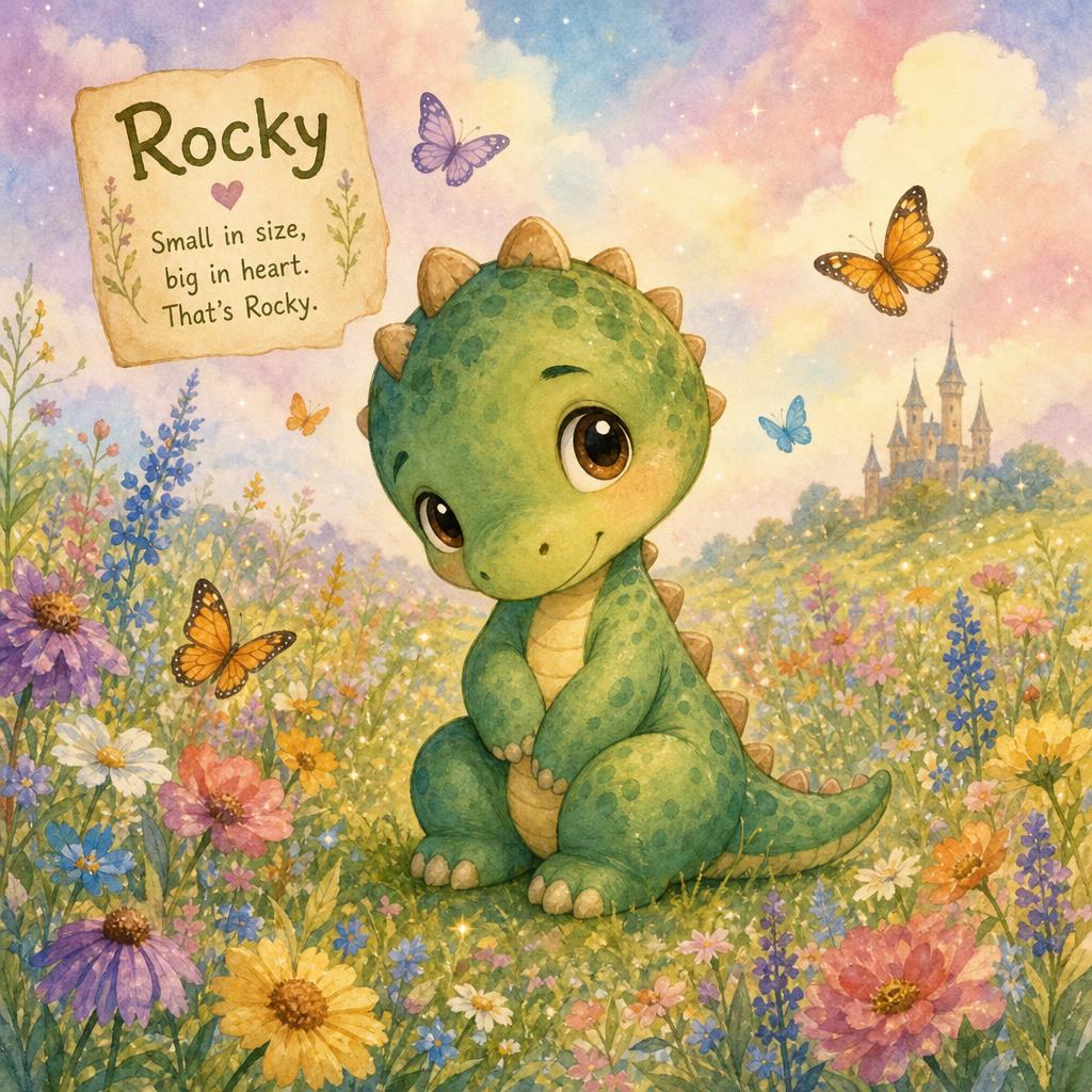 Rocky, a small shy dinosaur, sitting in a field of colorful flowers.