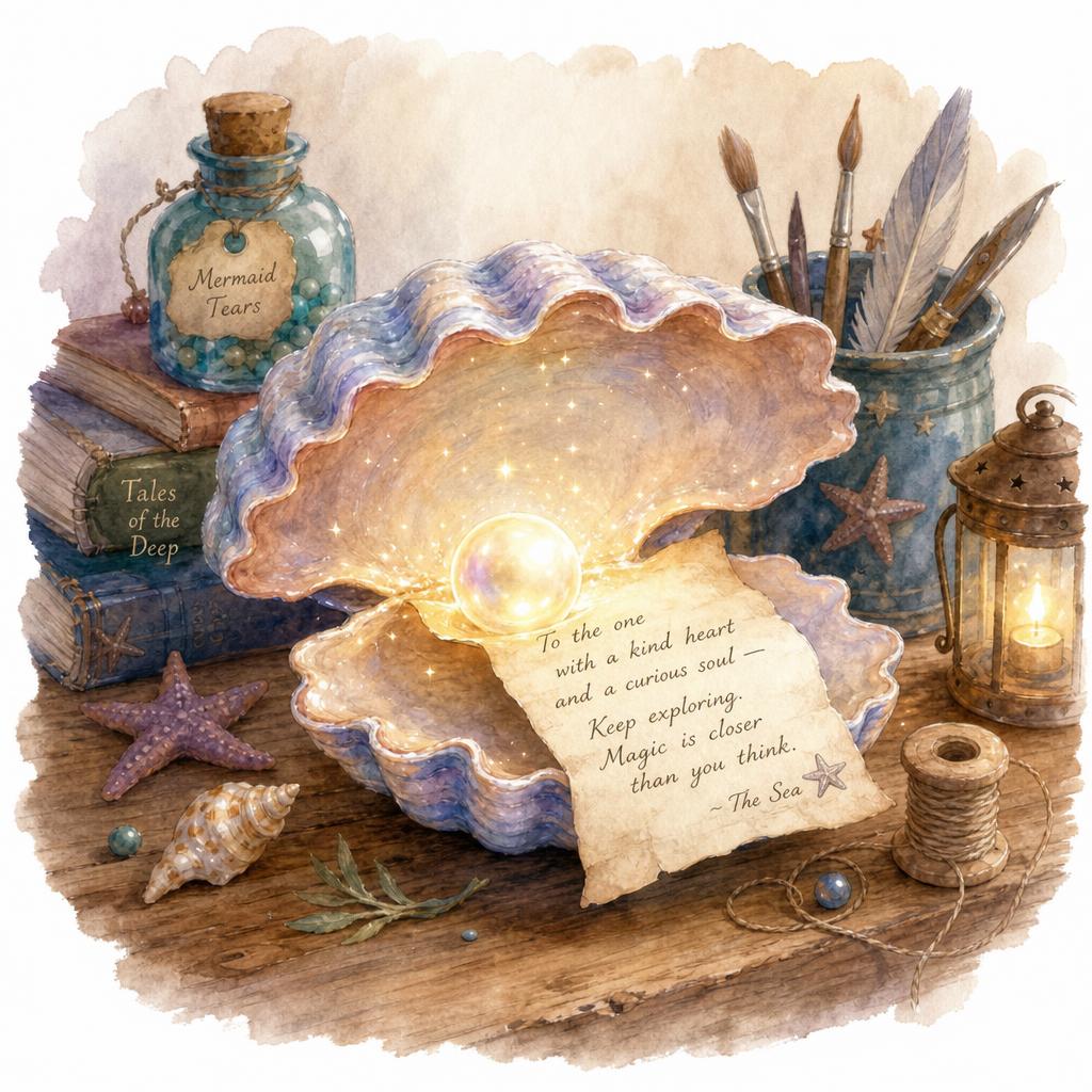 A glowing seashell with a tiny pearl and a handwritten note on a wooden table.
