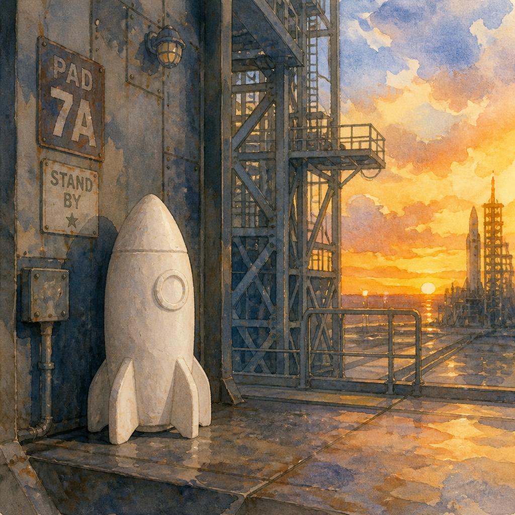 A small unpainted plaster rocket standing quietly alone in the corner of a launch pad.