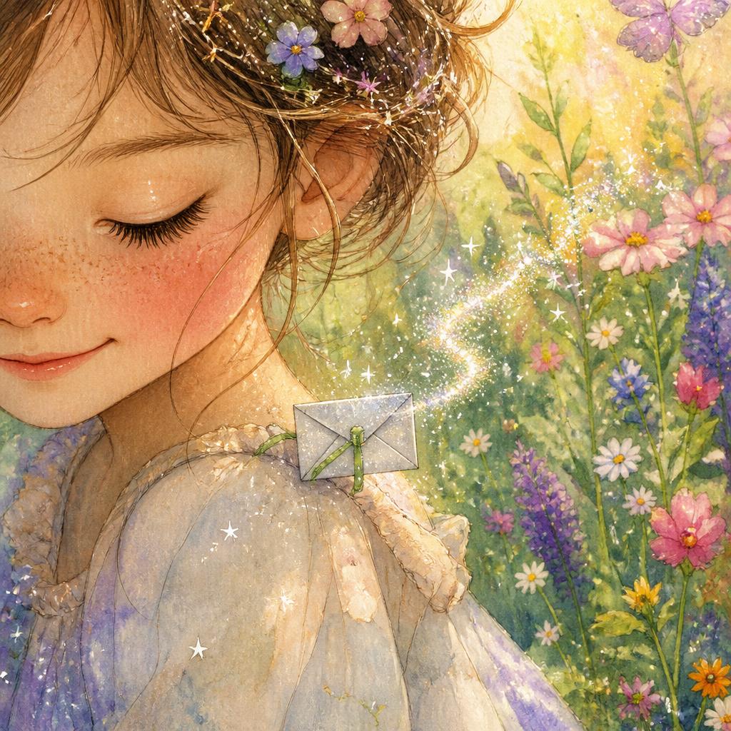A tiny shimmering silver letter tied with a blade of grass, resting on a girl's shoulder in a flower garden.