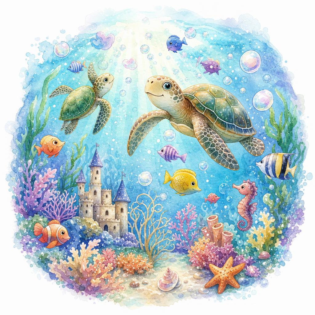 An underwater scene with colorful fish, sea turtles, and floating bubbles.