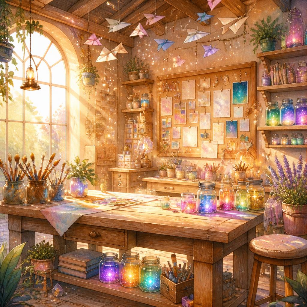 A magical sunlit workshop filled with glowing paint jars, floating paper airplanes, and sparkling art supplies.