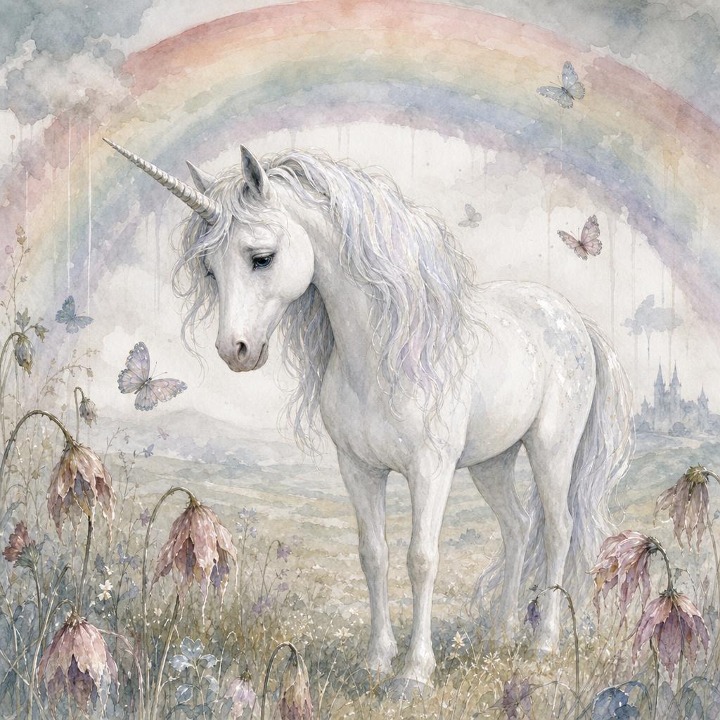 A gentle white unicorn stands in a pale meadow beneath a faded rainbow.