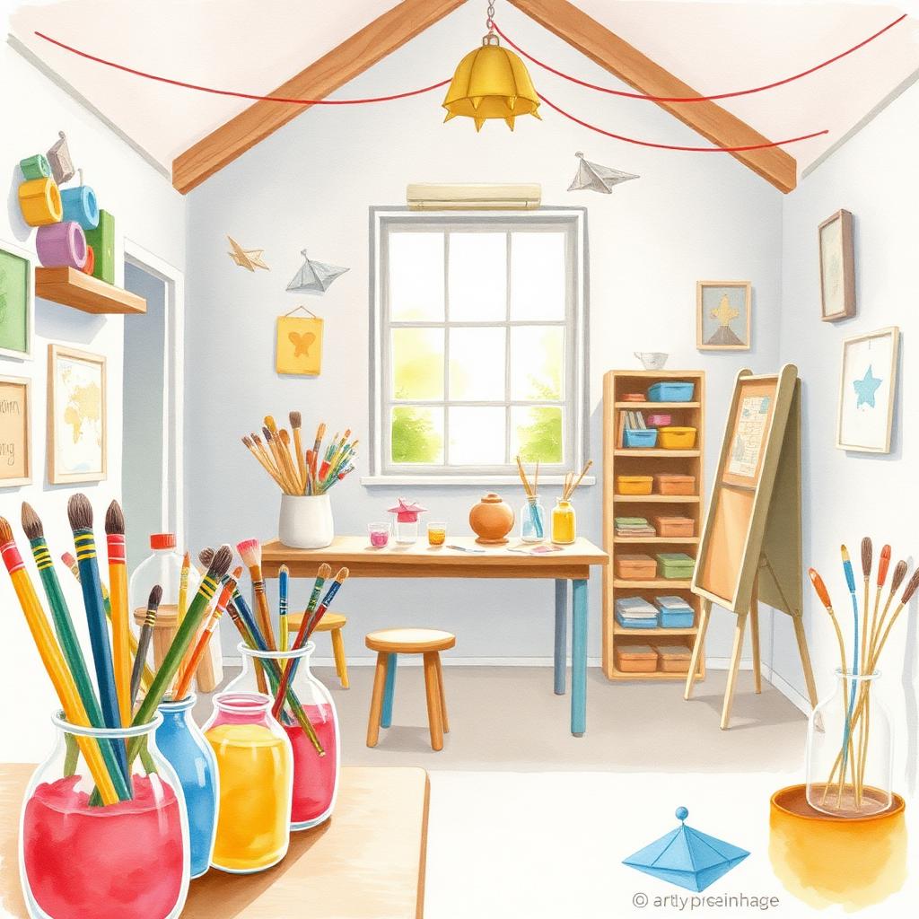 The Three Makers' cozy workshop with jars of paintbrushes and paper airplanes.